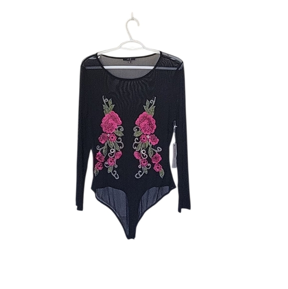 Floral Embroidered Black Bodysuit - Picture 2 of 3